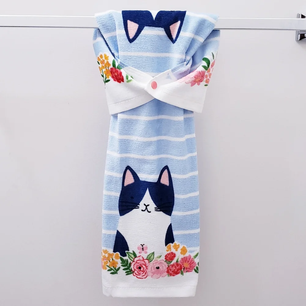 💙New! #9045-A🌞LAST 1️⃣CAT With Flowers Hang'N'Snap Towel 🤍Plastic Snap